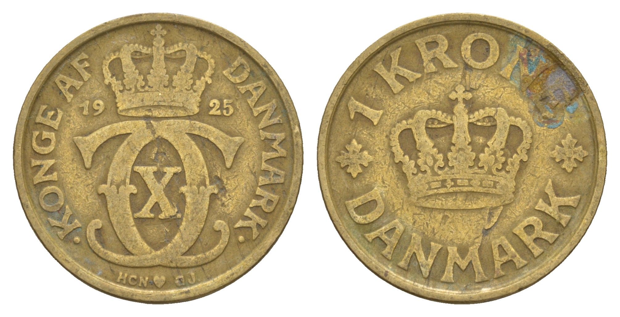 Дания 1 крона 1925 HCN, Кристиан X (1912-1947) KM 824 алюминиевая бронза 4657-315