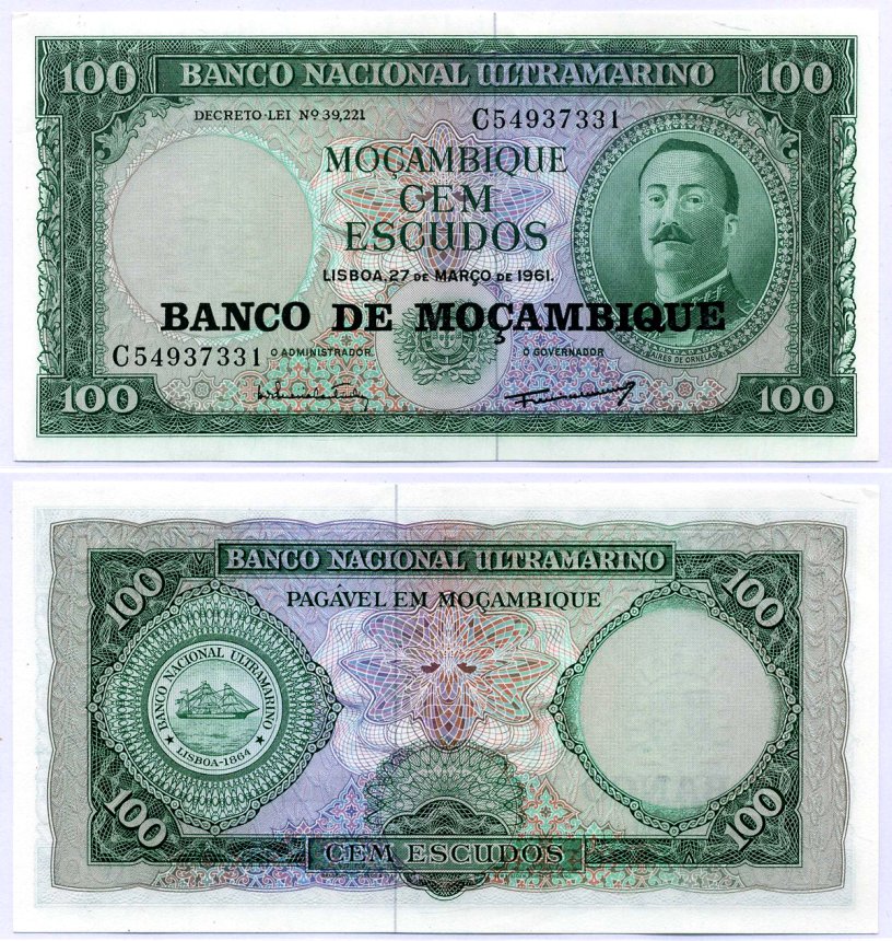 Мозамбик 100 эскудо 1961 (1976) надпечатка на 1961, Айрес де Орнелас  Pick 117 a бумага UNC (пресс) 6266-32-3-1
