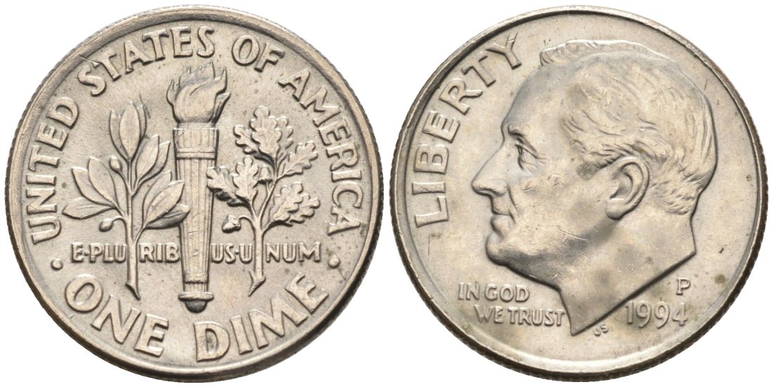 США 10 центов = дайм 1994 P, Рузвельт КМ 195а медь плакированная медно-никелем 4567-622