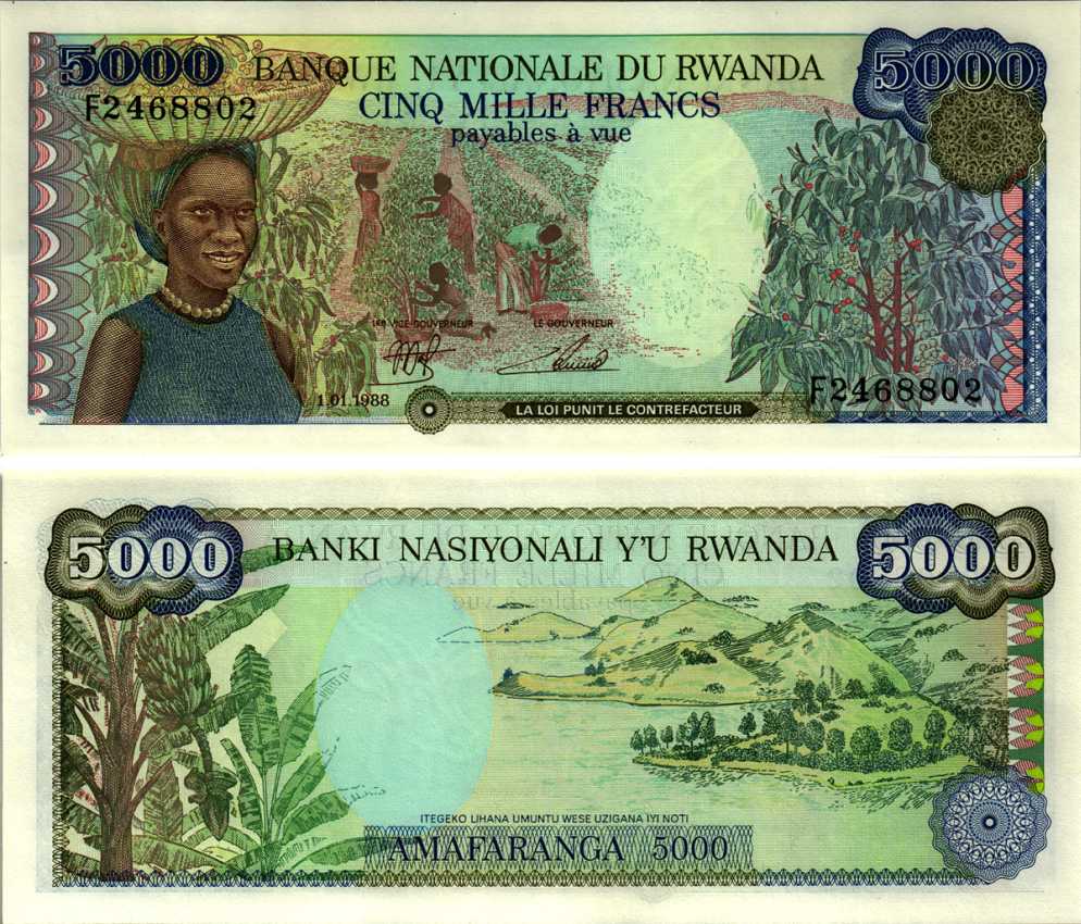 Руанда 5000 франков 1988 1 января 1988, женщина с корзиной на голове Pick 22 бумага UNC (пресс) 6312-67-3-2
