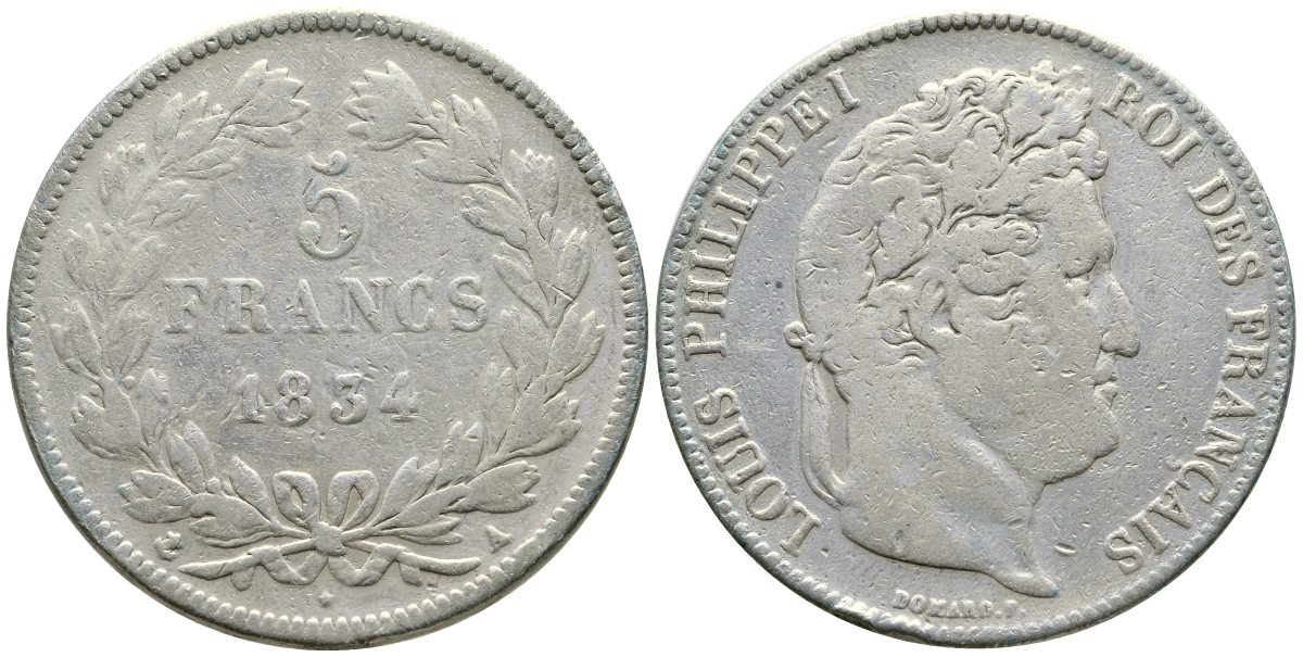 Франция 5 франков 1834 А, Луи Филипп I (1830-1848) KM 749.1 серебро 79-935