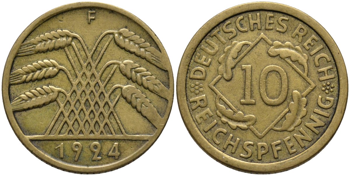 Германия 10 рейхспфеннигов 1924 F KM 40 алюминиевая бронза 4171-325