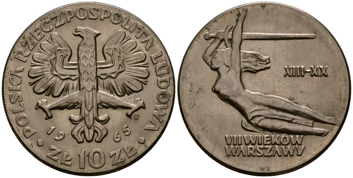 Польша 10 злотых 1965 700 лет Варшаве, богиня победы Ника с мечем KM 54 медно-никель 4168-736