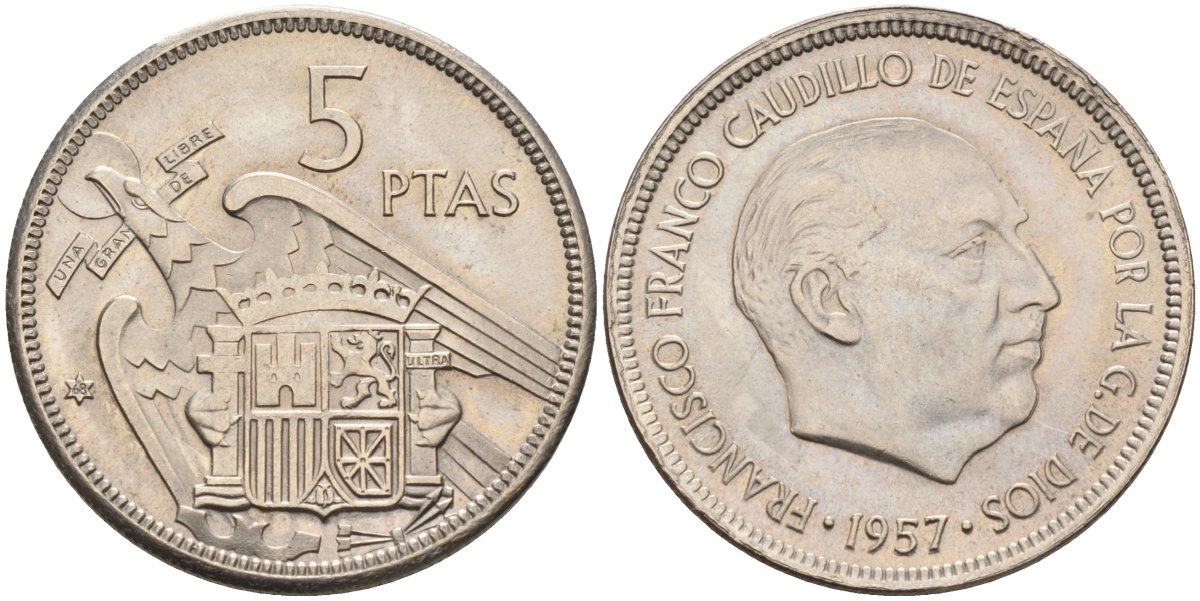 Испания 5 песет 1957(69) Франциско Франко (1939-1975) KM 786 медно-никель UNC 4583-1134