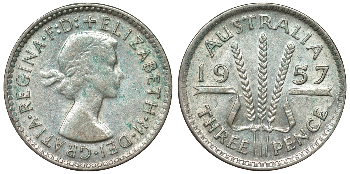 Австралия 3 пенса 1957 m, Елизавета II (1953-) KM 57 серебро 71-536