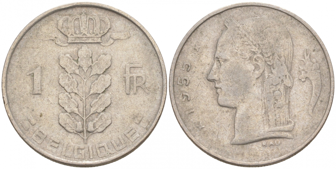 БЕЛЬГИЯ 1 ФРАНК 1955 BELGIQUE KM 142.1 медно-никель 68-333