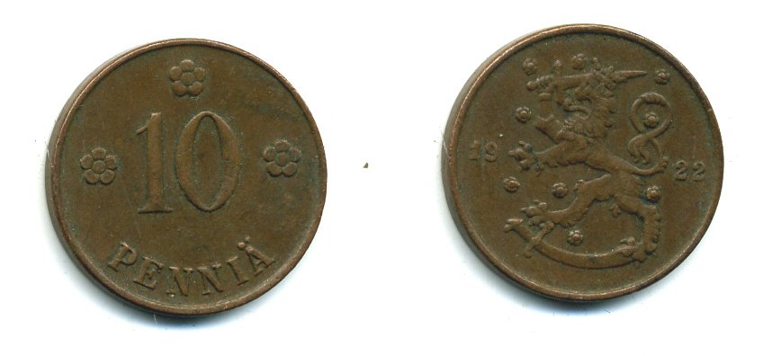Финляндия 10 пенни 1922 республика (1918-1962) KM 24 медь 46-629