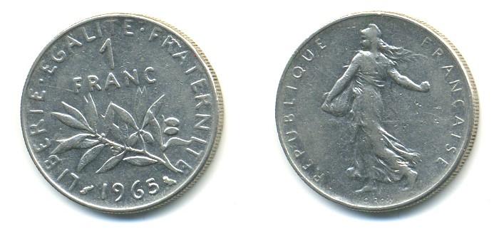 Франция 1 франк 1965 сеятель KM 925.1, Le Franc 226.9 никель 57-124