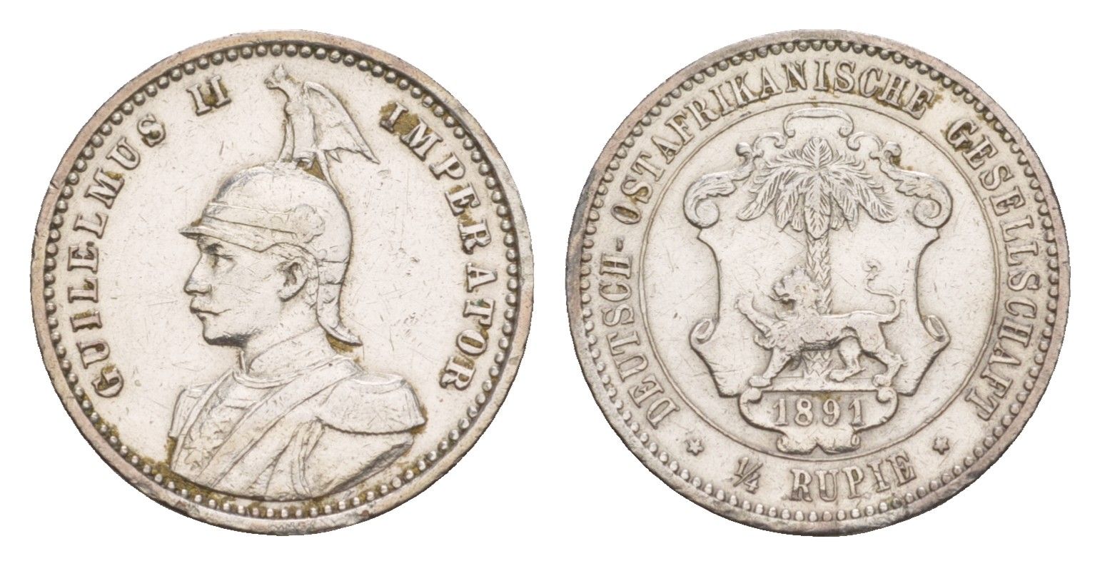 Германская Восточная Африка 1/4 рупии 1891 KM 3 серебро 603-741