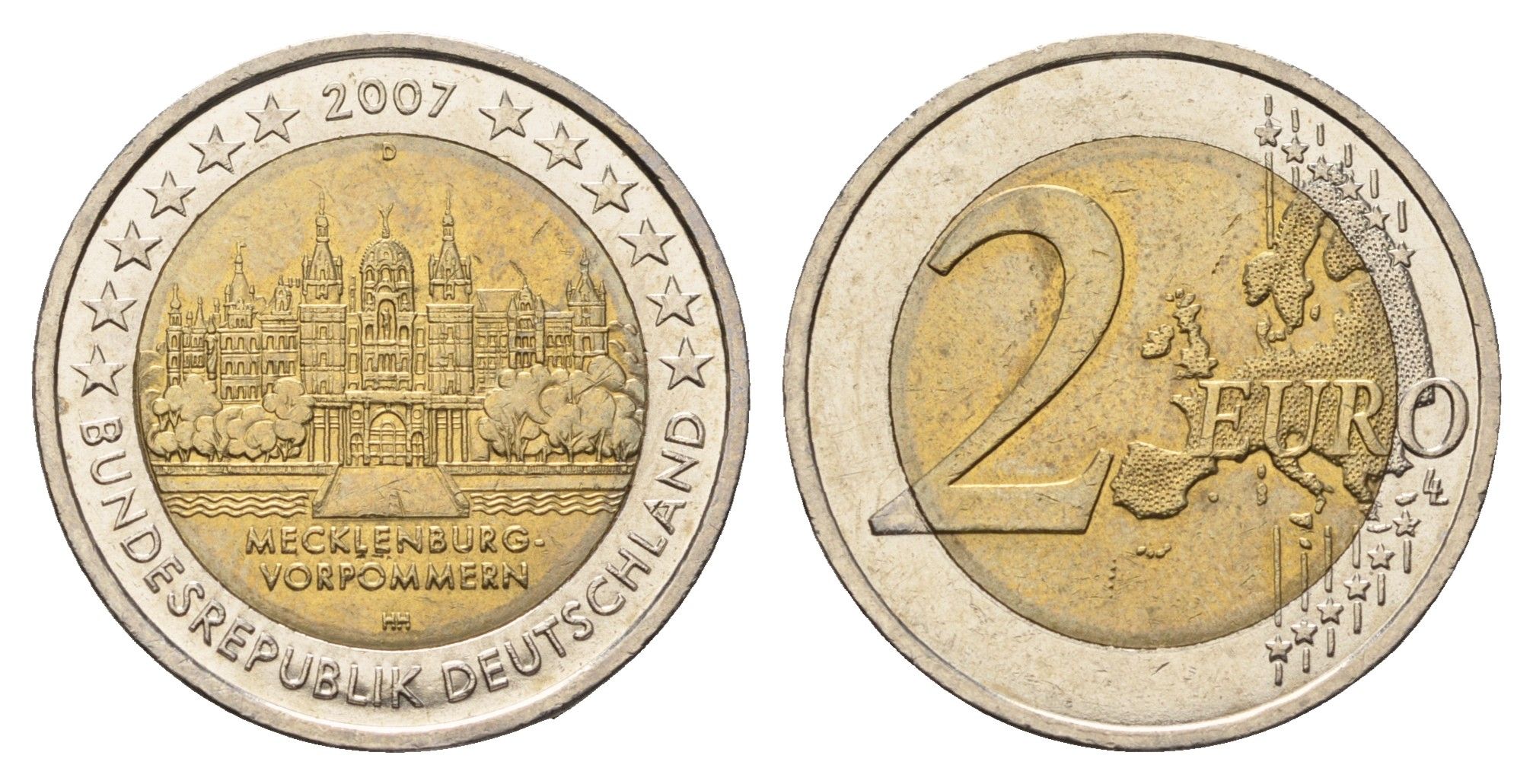 Германия 2 евро 2007 D, J, серия федеральные земли, Мекленбург-Передняя Померания, Шверинский замок KM 260 биметалл 4693-946