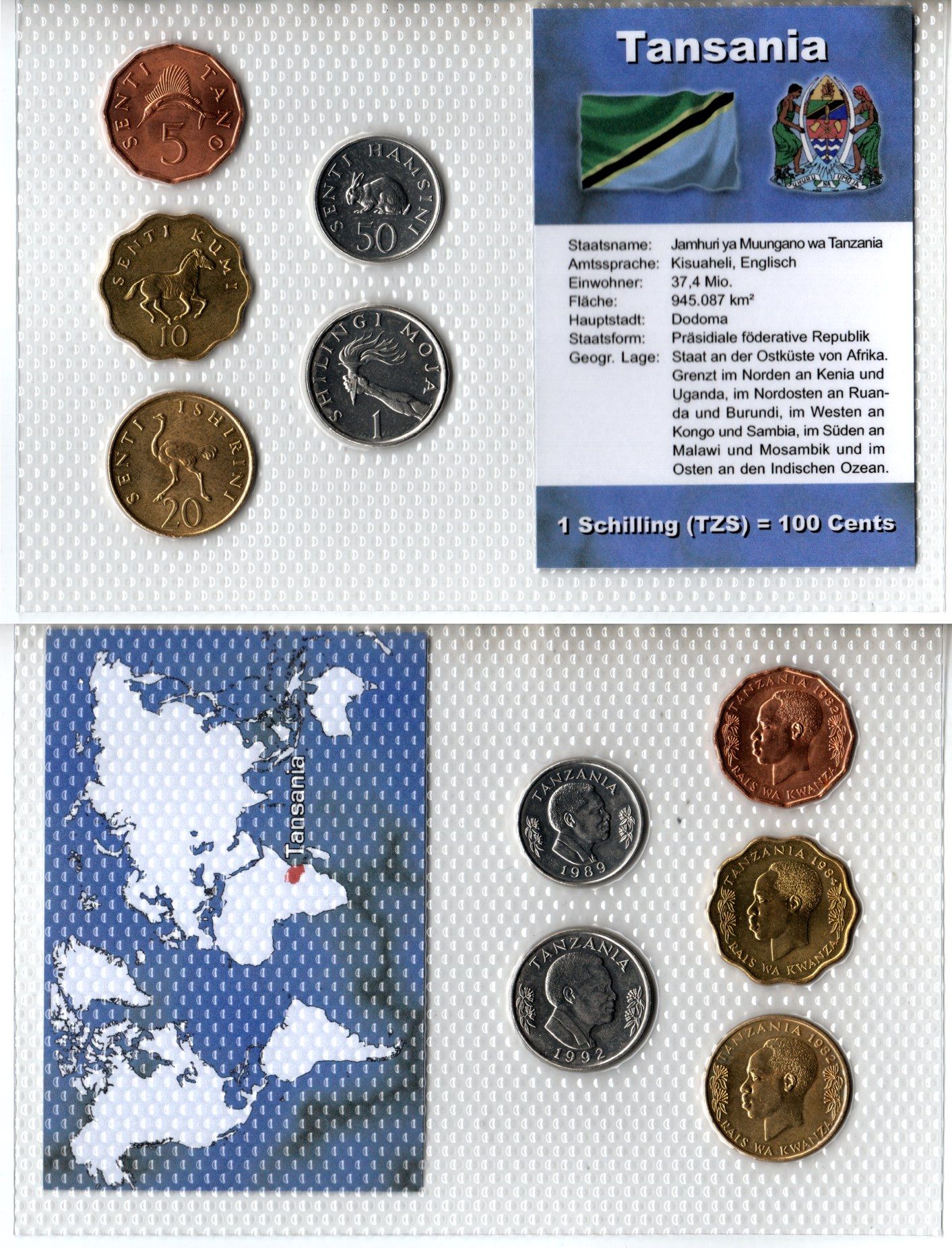 Танзания набор из 5 монет (5, 10, 20 и 50 центов; 1 шиллинг) 1982, 1984, 1989 и 1992 в красочной упаковке с информацией о стране KM 1, 2, 3, 22, 26 UNC 3-4-1-35