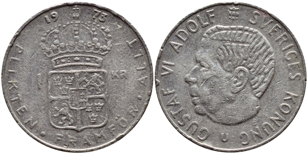 Швеция 1 крона 1973 Густав VI Адольф (1950-1973) KM 826а медь плакированная медно-никелем 4397-144