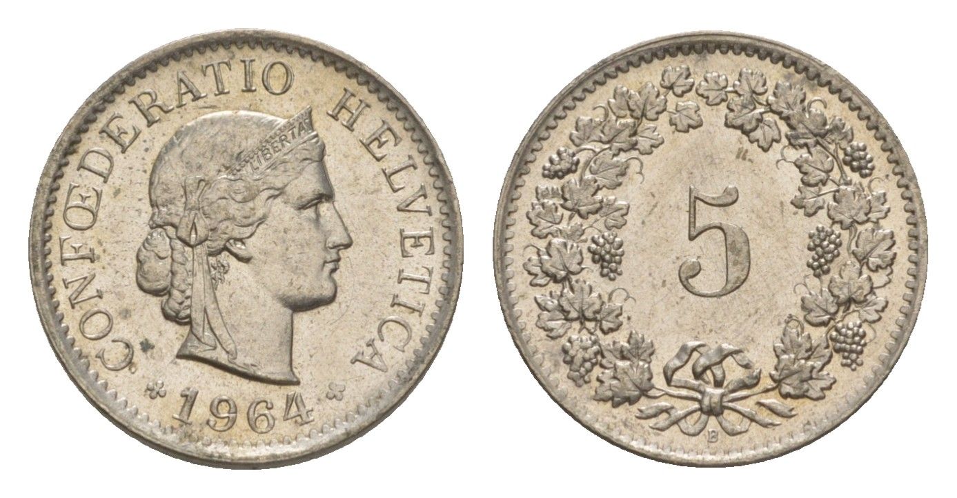 Швейцария 5 раппенов 1964 B KM 26 медно-никель UNC 4611-832