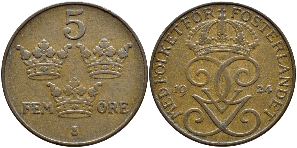 Швеция 5 эре 1924 Густав V (1907-1950) KM 779.2 бронза 4394-912