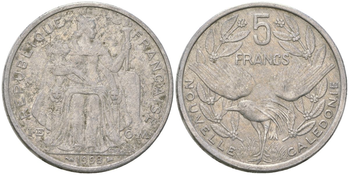 Французская Новая Каледония 5 франков 1998 птица кагу, (IEOM) KM 16, Schoen 12, Lec 81c алюминий 189-215