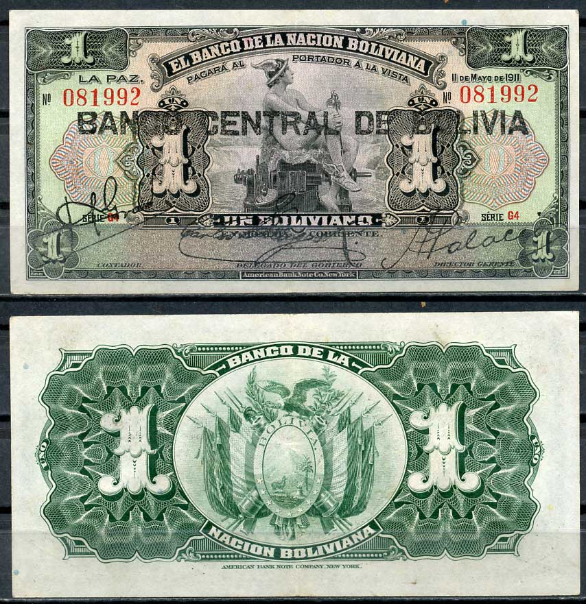 Боливия 1 боливиано 1911 (1929) надпечатка на Pick 103, серия G4, Меркурий Pick 112 (3)  бумага  7217-63-2-1