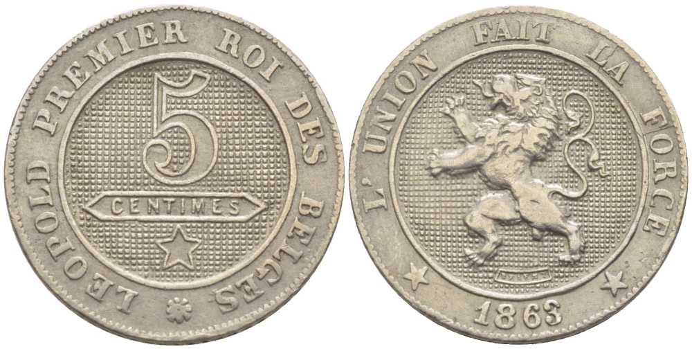БЕЛЬГИЯ 5 САНТИМОВ 1863 BELGES, ЛЕОПОЛЬД III (1934-1950) KM 21 медно-никель 116-941