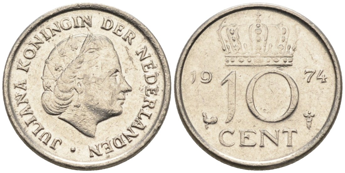 Нидерланды 10 центов 1974 Юлиана (1949-1980) КМ 182 никель 4567-556