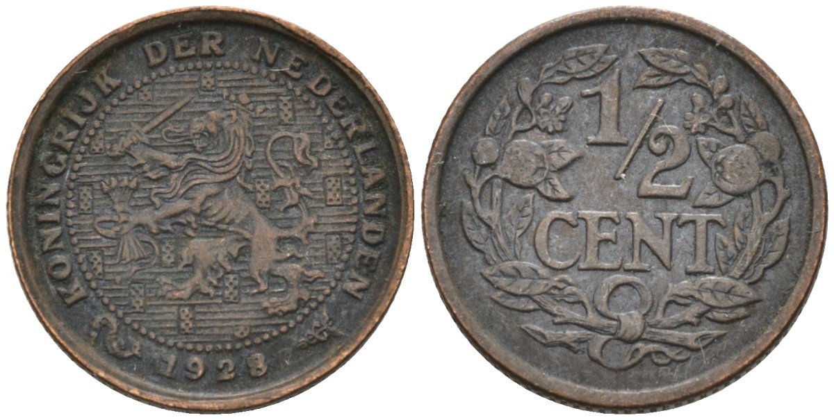 Нидерланды 1/2 цента 1928 Вильгельмина (1890-1948) KM 138 бронза 4576-451