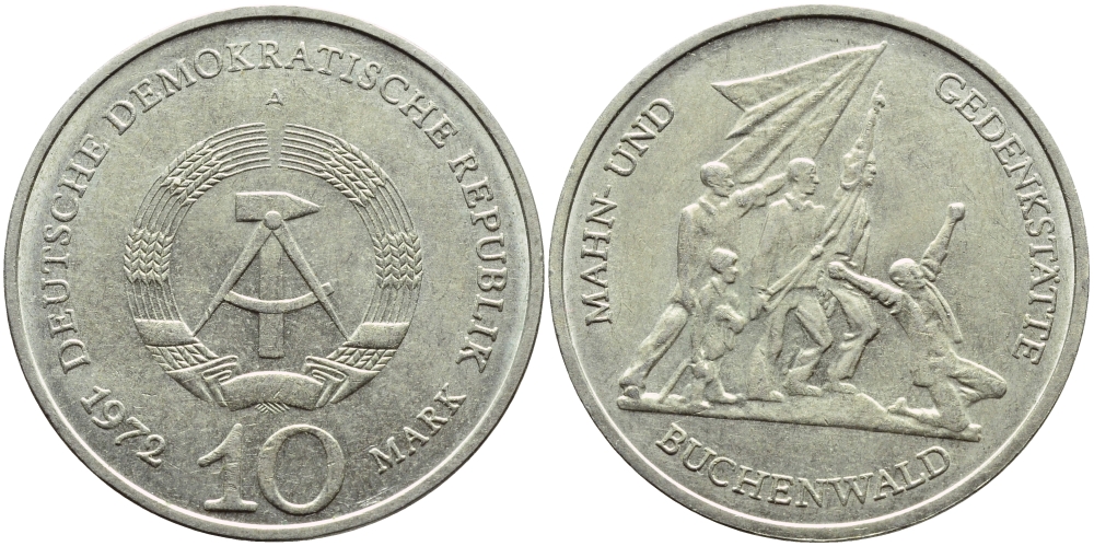 ГДР 10 марок 1972 A, мемориал Бухенвальда KM 38, J. 1539 медно-никель 4394-244