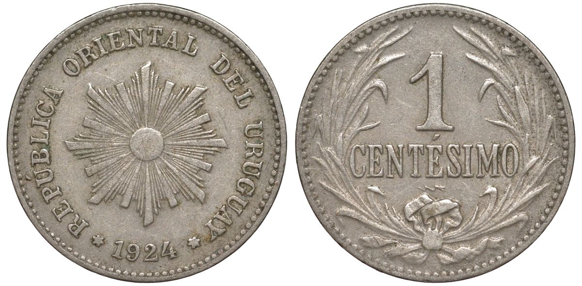 Уругвай 1 сентесимо 1924 KM 19 медно-никель 99-942