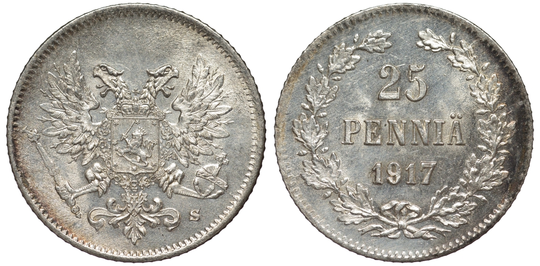 Россия для Финляндии 25 пенни 1917 S, временное правительство, без короны KM 19, Биткин 2 серебро 75-1517