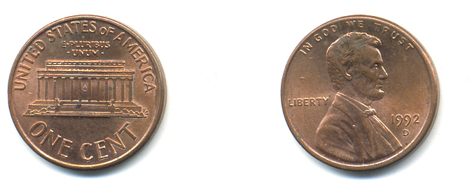 США 1 ЦЕНТ 1992 D, ЛИНКОЛЬН KM 201b цинк плакированный медью UNC 179-444