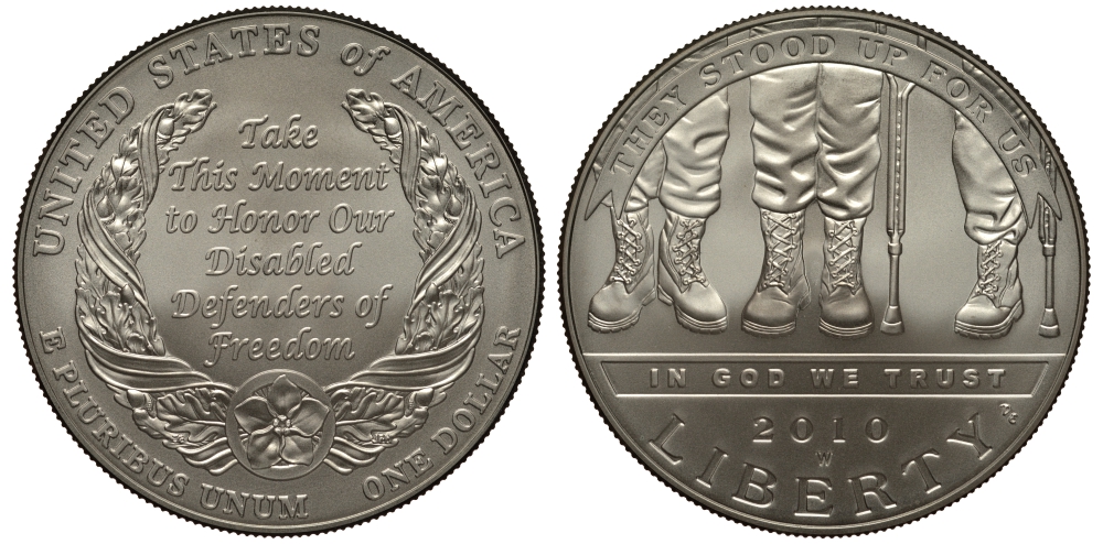 США 1 доллар 2010 W, американские ветераны-инвалиды KM 479 серебро UNC 1078-9-34