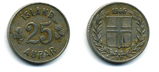 Исландия 25 эйре 1946 KM 11 медно-никель 46-2432