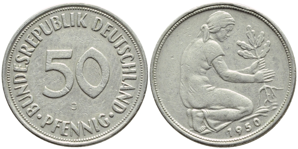 ФРГ 50 ПФЕННИГОВ 1950 J KM 109.1, J. 384 медно-никель 4392-1051