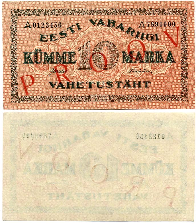 Эстония 10 марок 1922 красная диагональная надпечатка, PROOV, проба, SPECIMEN, односторонняя печать Pick 53s бумага aUNC 451-688-1