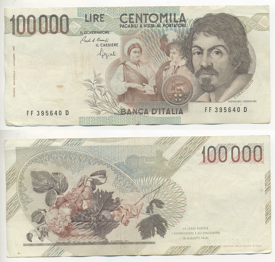 Италия 100000 лир 1983 Караваджо, фруктовый букет, подпись Stevani Pick 110а бумага 7220-8-1
