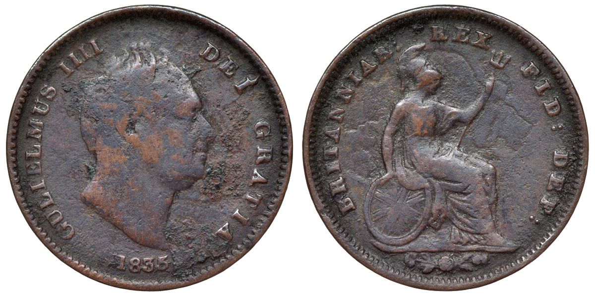 Великобритания 1/3 фартинга 1835 Вильгельм IV (1830-1837) KM 721, Spink 3850 медь    4115-348