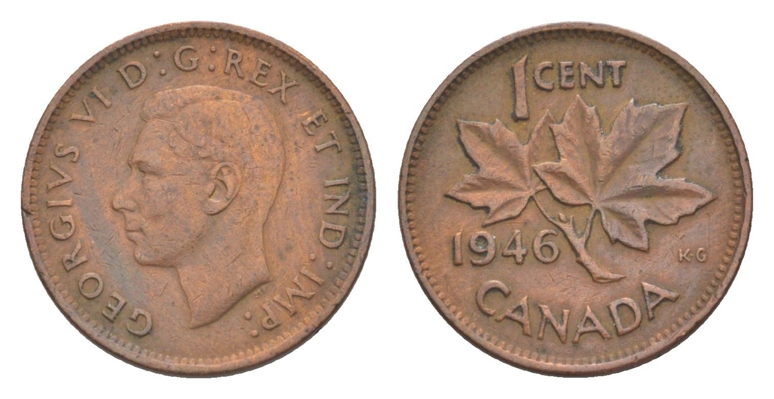 Канада 1 цент 1946 Георг VI (1936-1952), кленовый лист KM 32 бронза 4618-1024