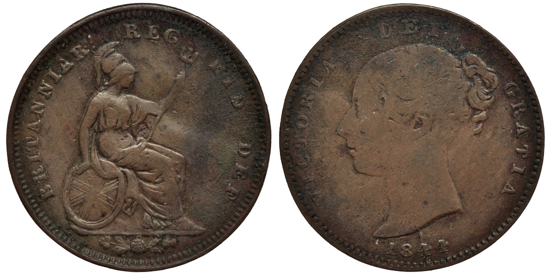 Великобритания 1/3 фартинга 1844 Виктория (1837-1901) KM 743, Spink 3952 медь 1523-1145