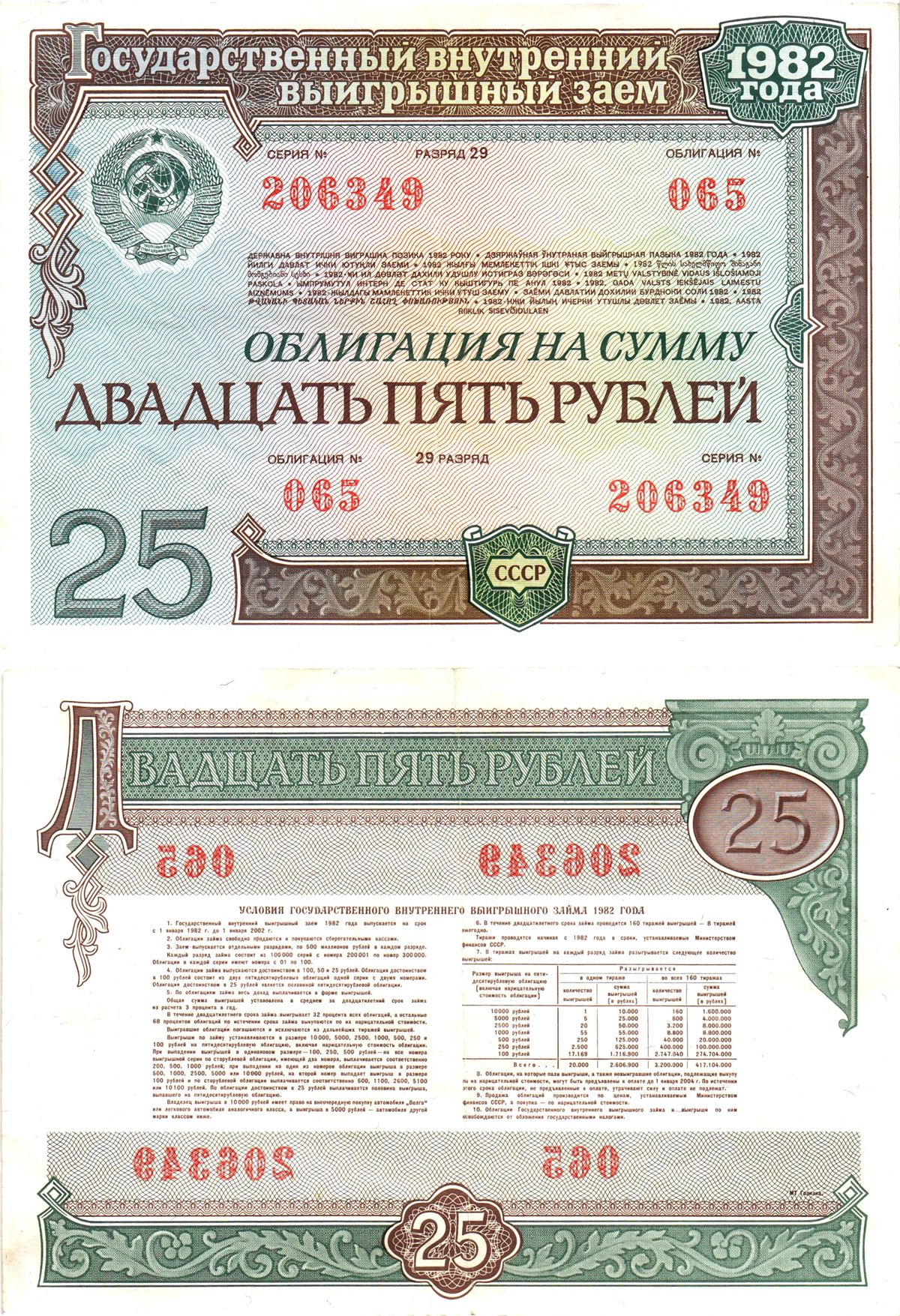 СССР облигация в 25 рублей 1982 государственный внутренний выигрышный заем, разряд 29   бумага   8609-59-1-2