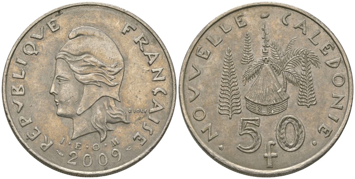 Французская Новая Каледония 50 франков 2009 хижина среди сосен и пальм, (IEOM) KM 13a, Schoen 15a, Lec 128i медно-никель 114-1041