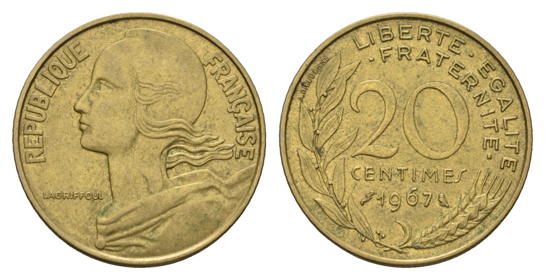 Франция 20 сантимов 1967 тип Marianne KM 930 медь алюминий никель 4681-655