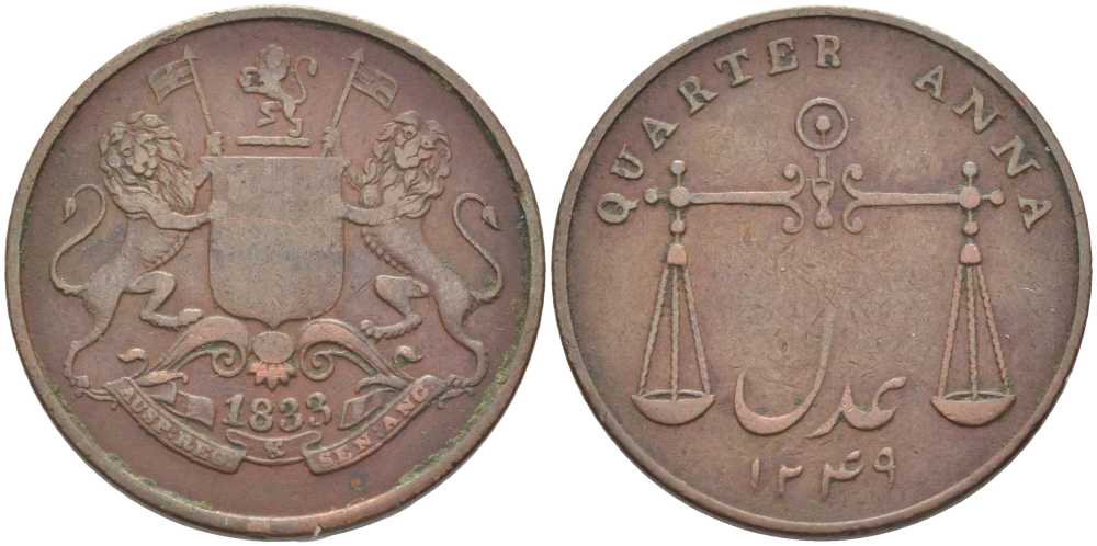 Британская Индия 1/4 анна 1833 год 1249, Бомбейское президентство, монетный двор Калькутта, большие английские буквы KM 232 медь 119-227