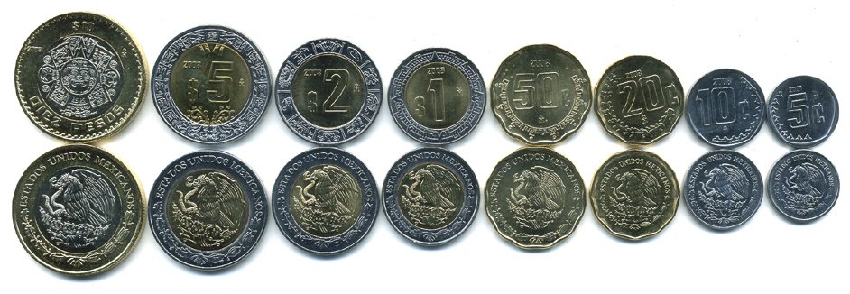Мексика лот из 8 монет 2001-2008 5, 10, 20, 50 сентаво, 1, 2, 5, 10 песо UNC M76-12