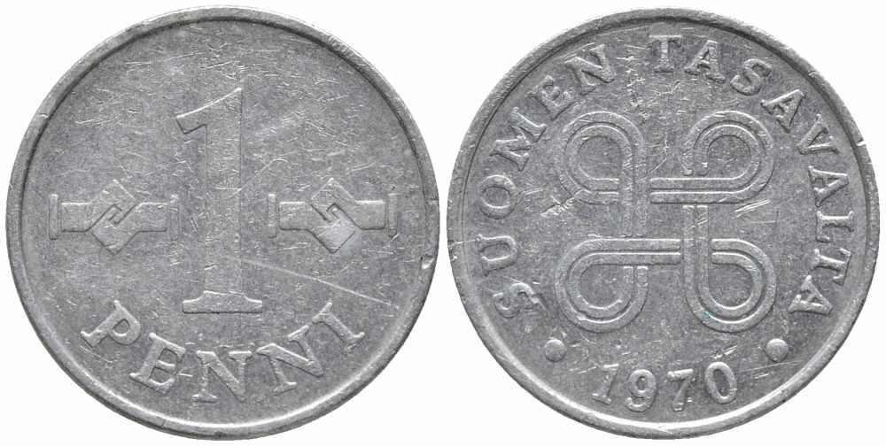 Финляндия 1 пенни 1970 KM 44а алюминий 112-432