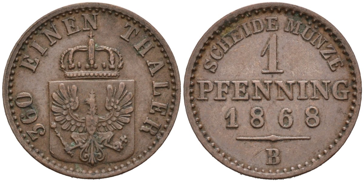 Пруссия 1 пфенниг 1868 B, Вильгельм I (1861-1888) KM 480 медь 4576-145