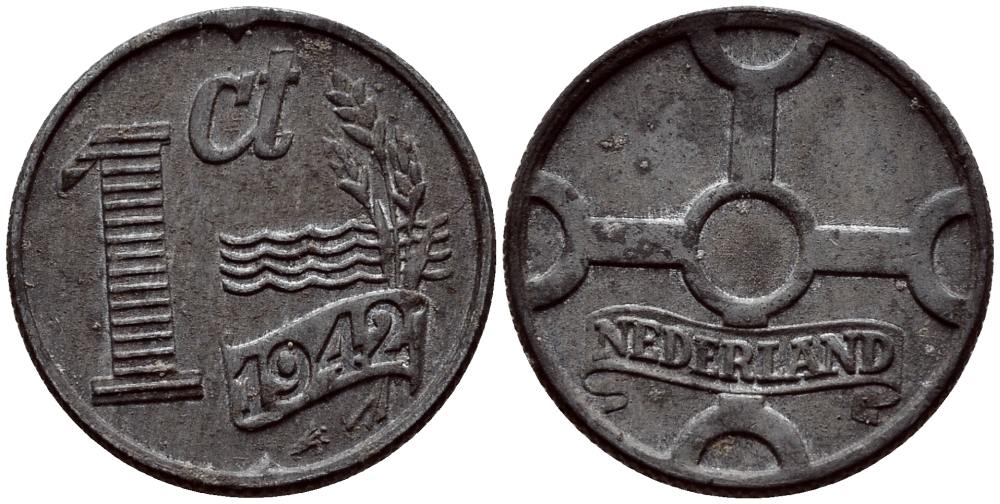 НИДЕРЛАНДЫ 1 ЦЕНТ 1942 ВИЛЬГЕЛЬМИНА (1890-1948) KM 170 цинк 46-523