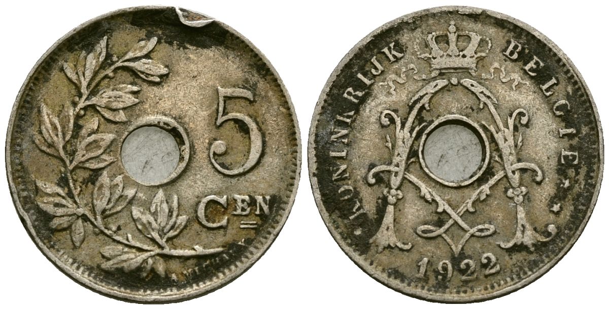 Бельгия 5 сантимов 1922 Belgie KM 67 медно-никель 4173-249