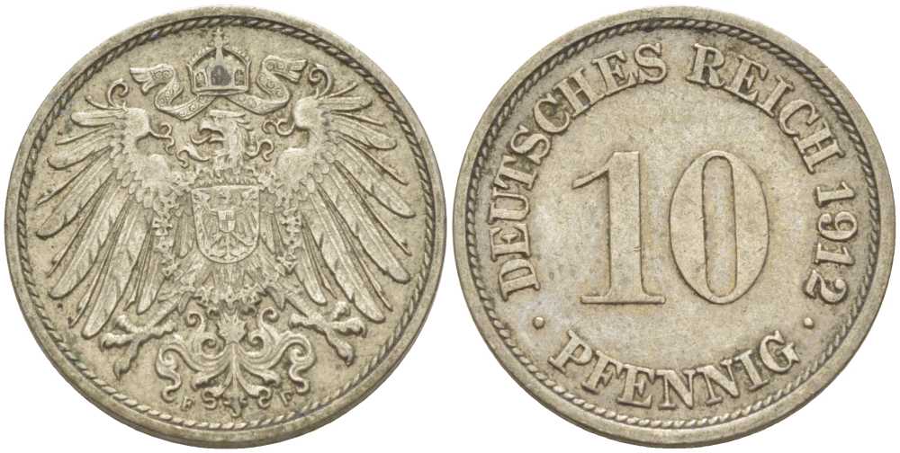 ГЕРМАНИЯ 10 ПФЕННИГОВ 1912 F KM 12, J. 13, Weege 8 медно-никель 212-155