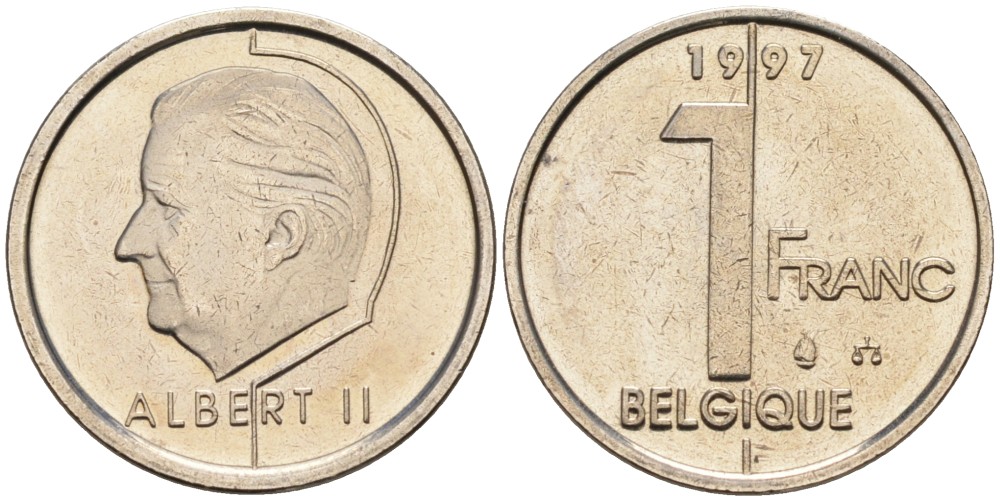 Бельгия 1 франк 1997 Belgique KM 187 железо плакированное никелем UNC 192-518