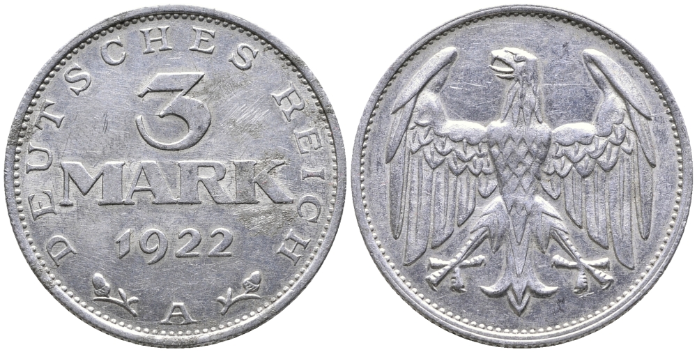 ГЕРМАНИЯ 3 МАРКИ 1922 А KM 28, J. 302 алюминий 38-234