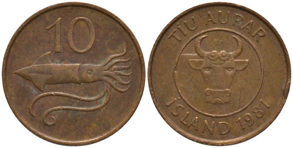 Исландия 10 эйре 1981 кальмар KM 25 бронза 211-922