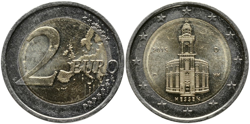 ФРГ 2 евро 2015 D, ГЕССЕН, ЦЕРКОВЬ СВЯТОГО ПАВЛА ВО ФРАНКФУРТЕ-НА-МАЙНЕ, СЕРИЯ ФЕДЕРАЛЬНЫЕ ЗЕМЛИ ГЕРМАНИИ KM NEW биметалл 34-732