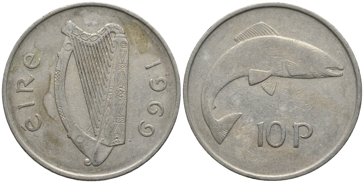 Ирландия 10 пенсов 1969 лосось KM 23 медно-никель 3855-1011